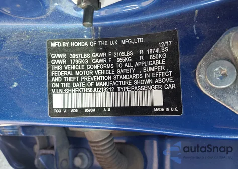 2018 Honda Civic Ex from USA, damaged, VIN SHHFK7H56JU213212